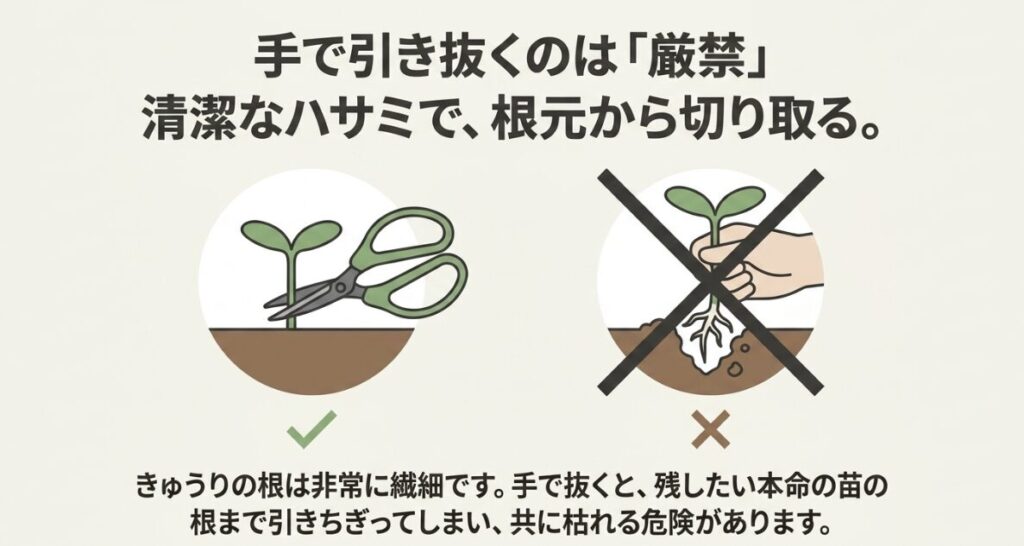 きゅうりの間引きで手で引き抜くのは厳禁。清潔なハサミで根元から切り取る。手で抜くと本命の苗の根までちぎれる危険がある。