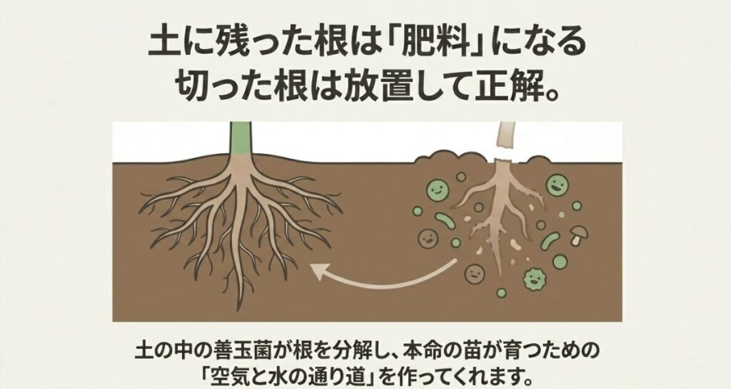 土に残ったきゅうりの根は肥料になる。切った根は放置して正解。善玉菌が分解し、空気と水の通り道を作る。