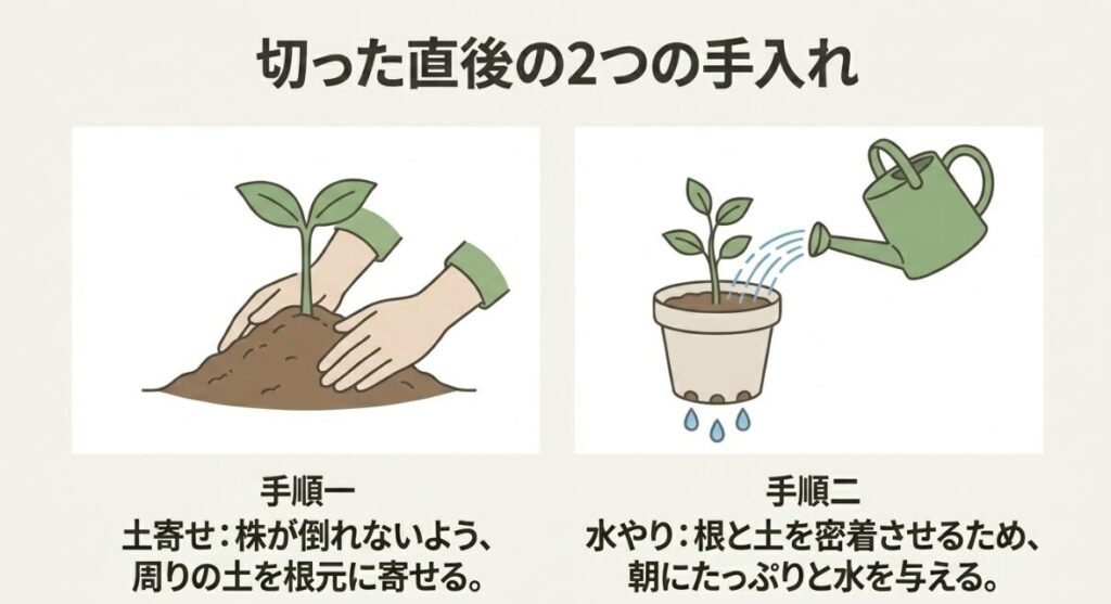 間引きで切った直後の2つの手入れ。手順1は株が倒れないよう土寄せをする。手順2は根と土を密着させるため朝にたっぷりと水やりをする。