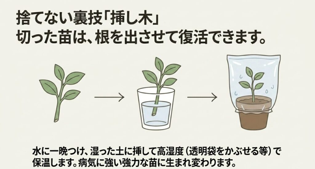 間引き苗を捨てない裏技の挿し木。切った苗を一晩水につけ、湿った土に挿して高湿度で保温すると、根を出させて復活できる。