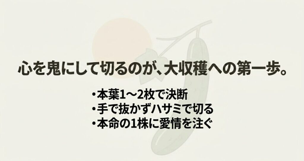 きゅうりの間引きのまとめ。心を鬼にして切るのが大収穫への第一歩。本葉1〜2枚で決断、手で抜かずハサミで切る、本命の1株に愛情を注ぐ。