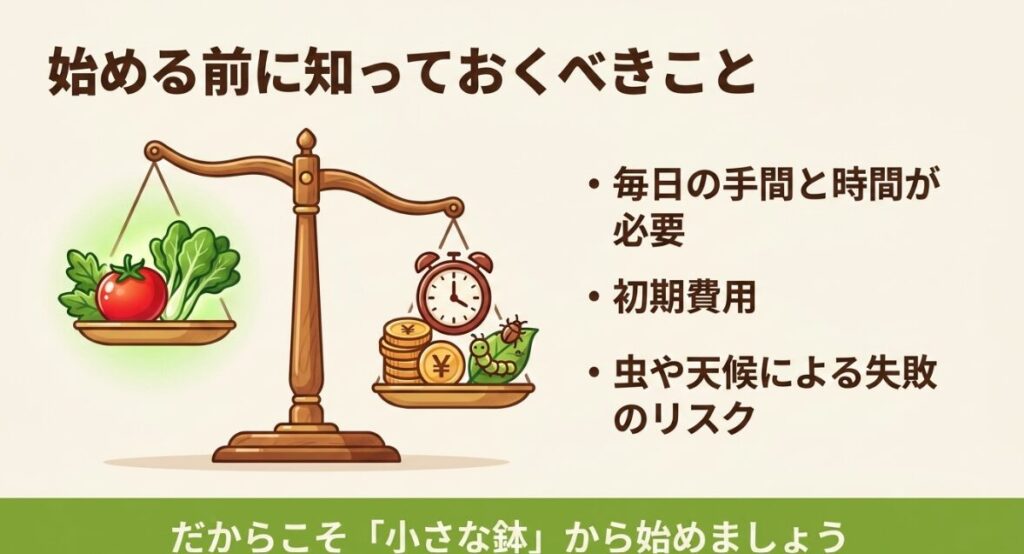 始める前に知っておくべきこと。毎日の手間と時間、初期費用、虫や天候による失敗のリスクがあるからこそ「小さな鉢」から始めましょう