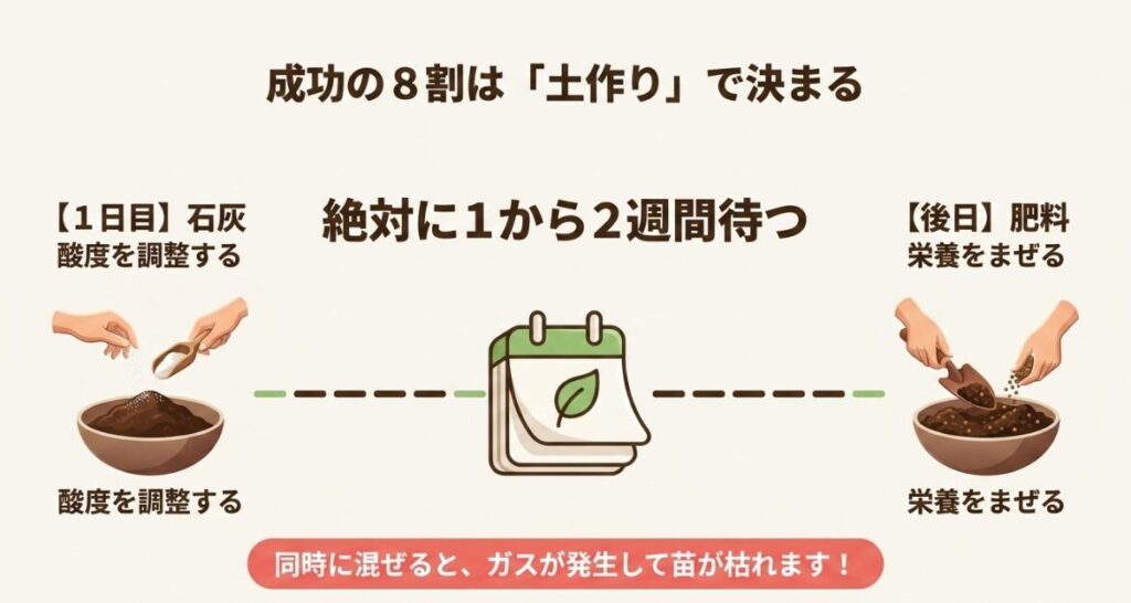 成功の8割は土作りで決まる。1日目に石灰で酸度を調整し、絶対に1から2週間待った後日に肥料をまぜる。同時に混ぜるとガスが発生して苗が枯れるため注意