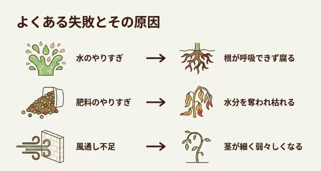 よくある失敗とその原因。水のやりすぎは根が呼吸できず腐る、肥料のやりすぎは水分を奪われ枯れる、風通し不足は茎が細く弱々しくなる