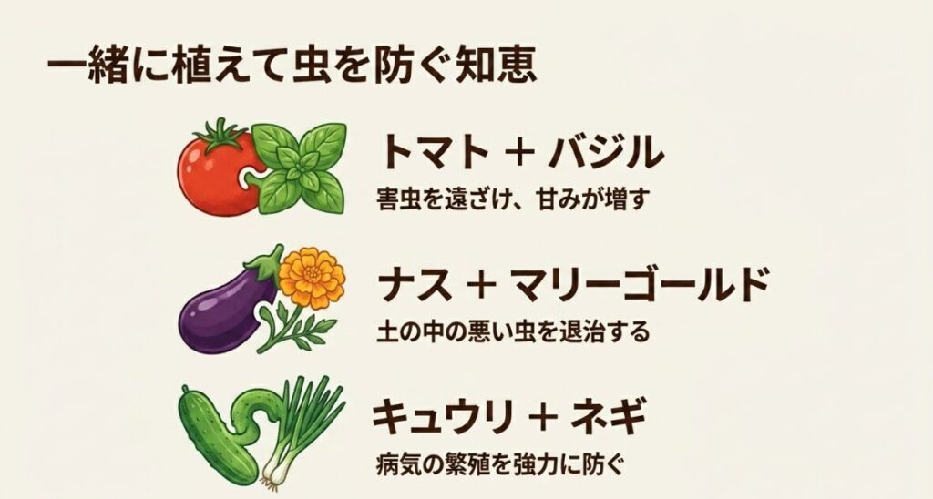 一緒に植えて虫を防ぐ知恵。トマトとバジルは害虫を遠ざけ甘みが増す、ナスとマリーゴールドは土の中の悪い虫を退治する、キュウリとネギは病気の繁殖を強力に防ぐ