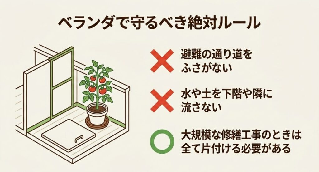 ベランダで守るべき絶対ルール。避難の通り道をふさがない、水や土を下階や隣に流さない、大規模な修繕工事のときは全て片付ける必要がある