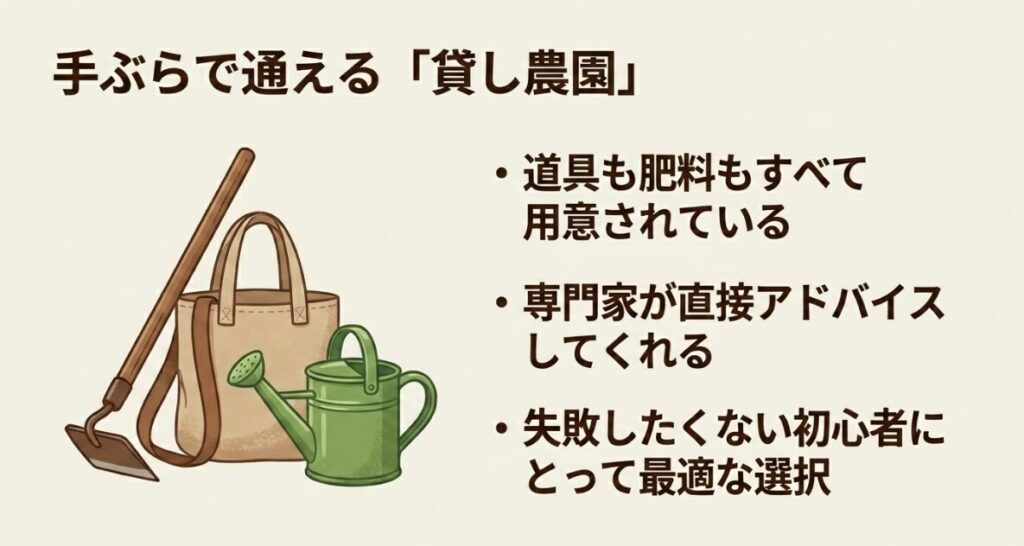 手ぶらで通える貸し農園。道具も肥料もすべて用意されており、専門家が直接アドバイスしてくれるため、失敗したくない初心者に最適