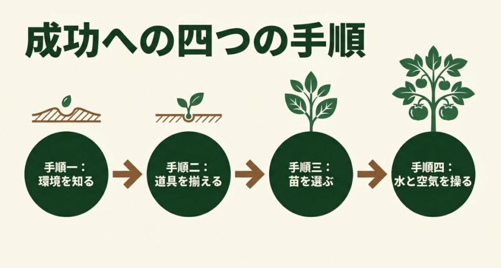 家庭菜園成功への4つの手順（環境を知る、道具を揃える、苗を選ぶ、水と空気を操る）を示した図