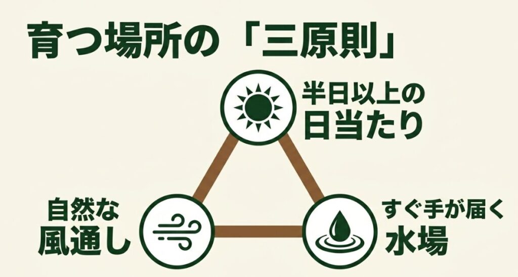 野菜が育つ場所の三原則である「自然な風通し」「半日以上の日当たり」「すぐ手が届く水場」のイラスト