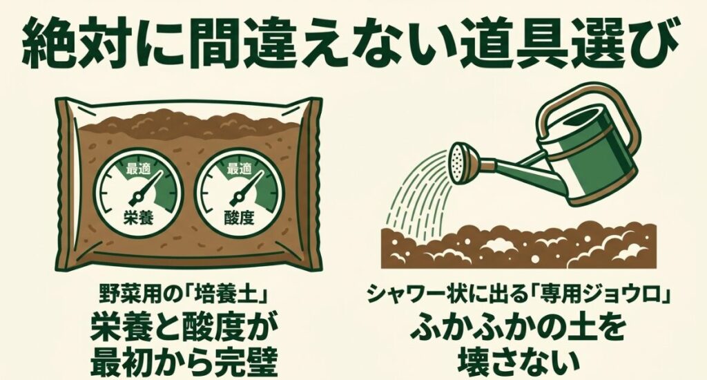 栄養と酸度が最適な野菜用培養土と、ふかふかの土を壊さないシャワー状に出る専用ジョウロのイラスト