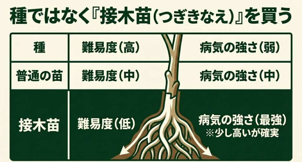 種や普通の苗よりも難易度が低く、病気に強い接木苗（つぎきなえ）の購入をすすめる比較図