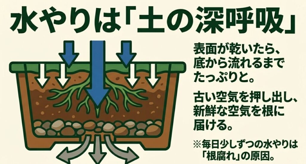 表面が乾いたら底から流れるまでたっぷり水やりをし、土の中の古い空気を押し出して新鮮な空気を根に届けるメカニズムの図