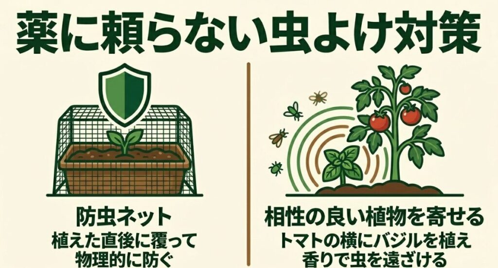 防虫ネットで物理的に防ぐ方法と、トマトの横にバジルを植えるなど相性の良い植物を寄せて香りで虫を遠ざける対策のイラスト