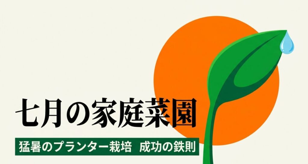 七月の家庭菜園 猛暑のプランター栽培 成功の鉄則と書かれたスライド