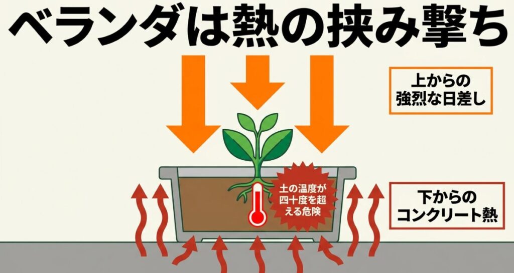 ベランダは熱の挟み撃ち。上からの強烈な日差しと下からのコンクリート熱により土の温度が四十度を超える危険性を説明した図