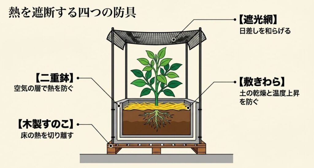 熱を遮断する四つの防具として、遮光網、二重鉢、木製すのこ、敷きわらの効果を図解したスライド
