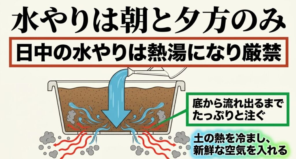 水やりは朝と夕方のみ。日中の水やりは熱湯になり厳禁で、底から流れ出るまでたっぷりと注ぐことを推奨するスライド