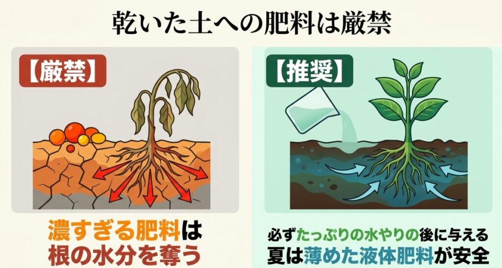 乾いた土への肥料は厳禁。濃すぎる肥料は根の水分を奪うため、必ずたっぷりの水やりの後に与えるよう注意喚起する図