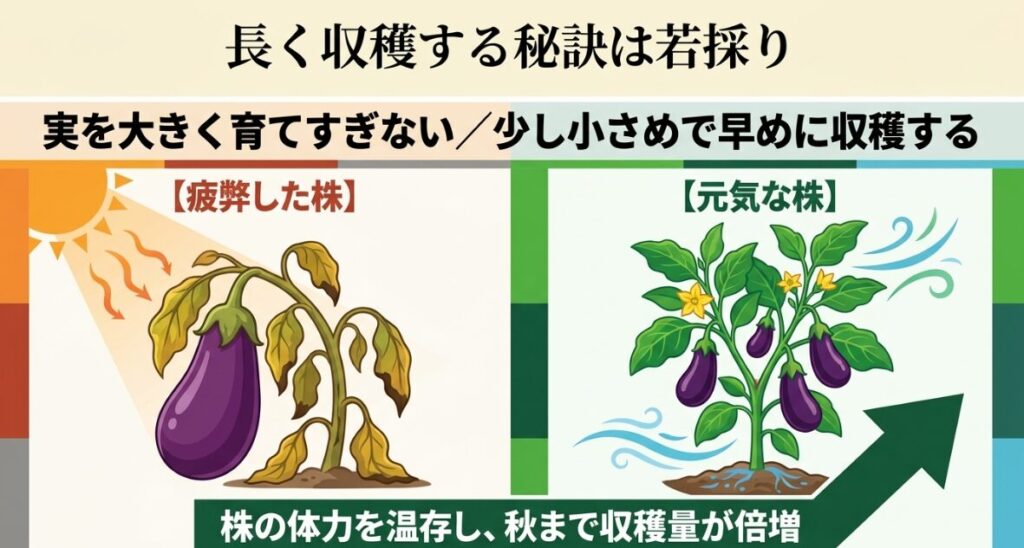 長く収穫する秘訣は若採り。実を大きく育てすぎず少し小さめで早めに収穫することで、株の体力を温存し秋まで収穫量が倍増することを示す図