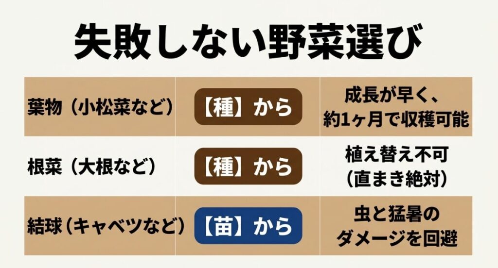 失敗しない野菜選び：葉物、根菜、結球野菜の種と苗の使い分け
