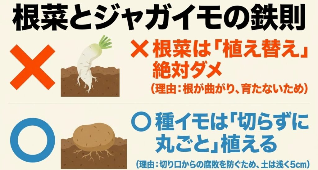 根菜とジャガイモの鉄則：根菜は植え替え禁止、種イモは切らずに丸ごと植える