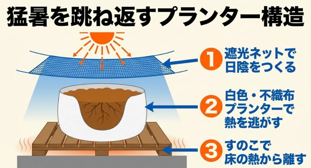 猛暑を跳ね返すプランター構造：遮光ネット、白色・不織布プランター、すのこを活用