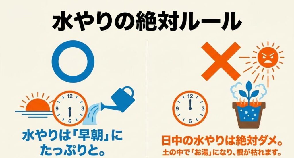 水やりの絶対ルール：早朝にたっぷりと与え、日中の水やりは避ける