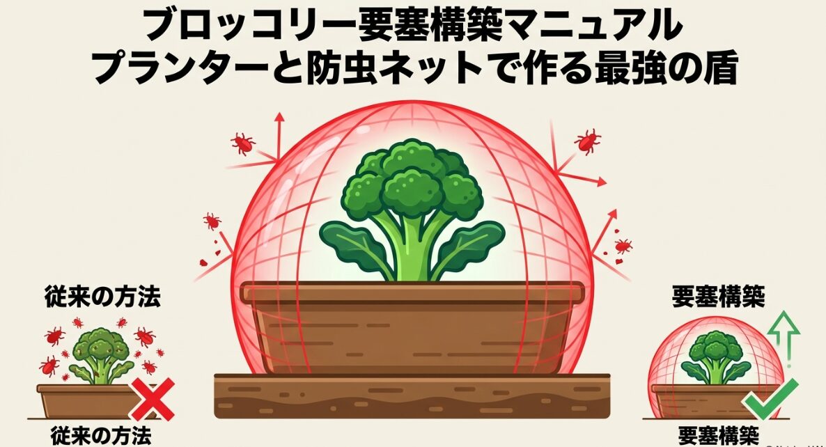 防虫ネットで守られたブロッコリーのプランター栽培イメージ