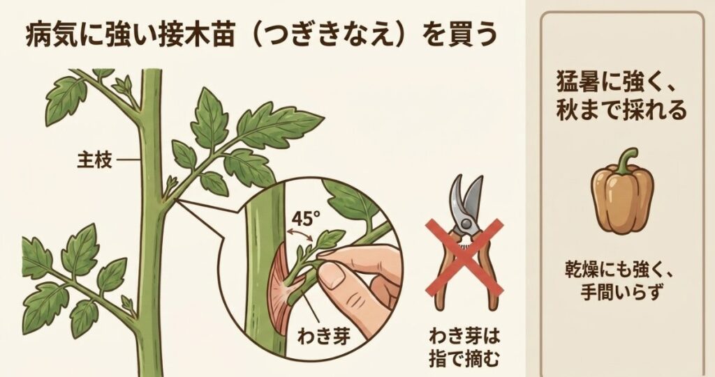ミニトマトの病気に強い接木苗の選び方と、主枝から45度で生えるわき芽を指で摘む方法